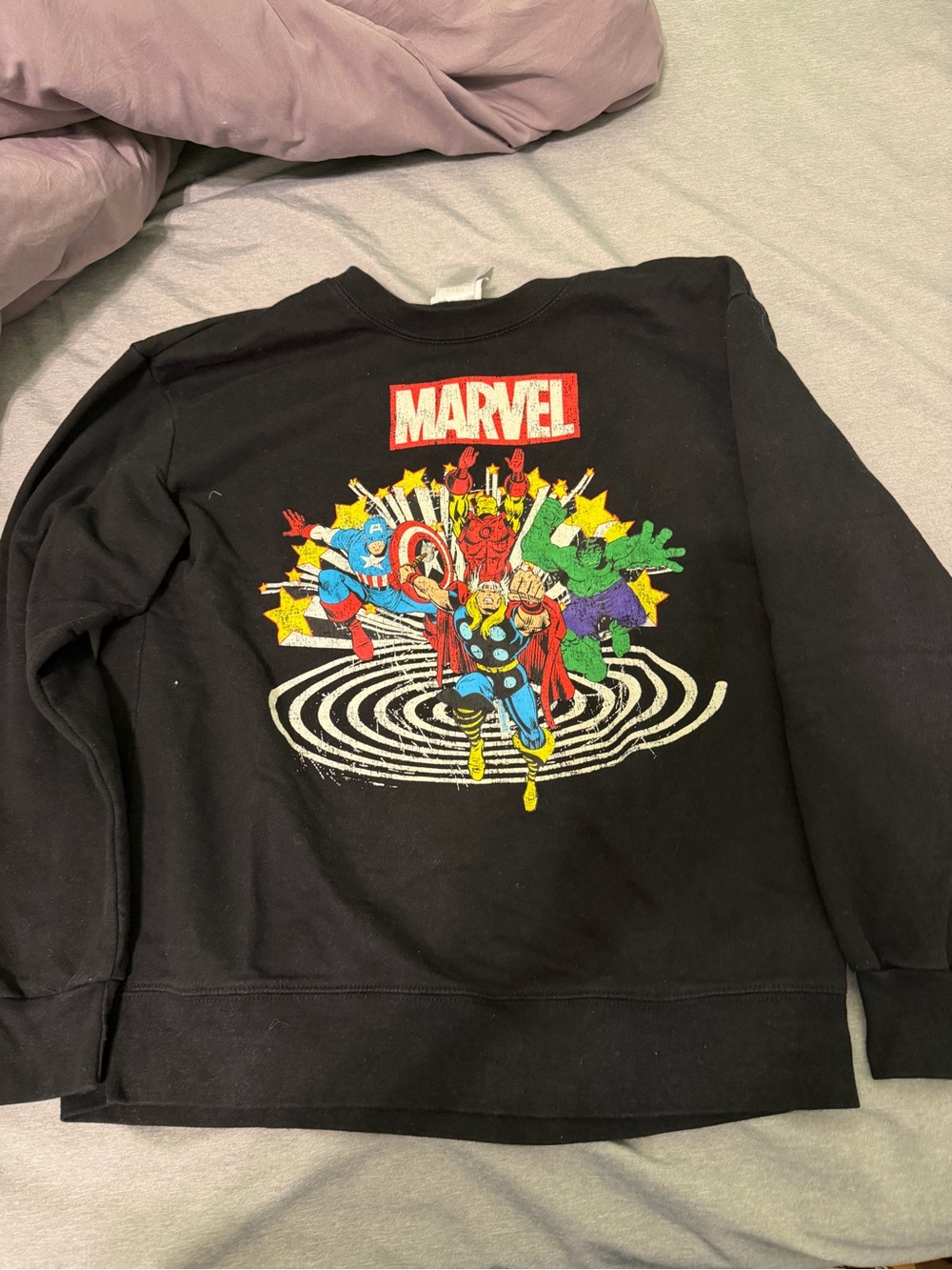 Marvel Black Crewneck Sweatshirt with Colorful Superhero Back Graphic